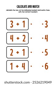 aprender adição com números simples, combinar com os números corretos, planilhas para crianças