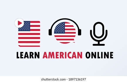 Learn American online banner. Studying at home. E-learning concept. Vector EPS 10. Isolated on background