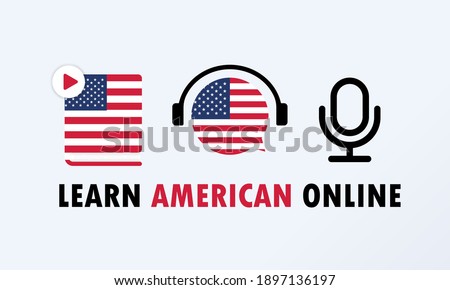 Learn American online banner. Studying at home. E-learning concept. Vector EPS 10. Isolated on background