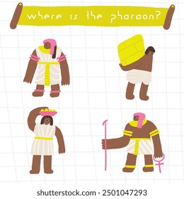 Learn ancient Egypt game for kids. Cute hand drawn doodle funny desert puzzle with Egyptian woman, man, king, princess, pharaoh, worker, slave, people set. Educational worksheet, mind task, riddle