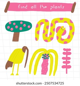 Learn ancient Egypt game for kids. Cute hand drawn doodle funny desert puzzle with ibis, cobra, snake, plant, tree, fruit. Educational worksheet, mind task, riddle, strategy quiz