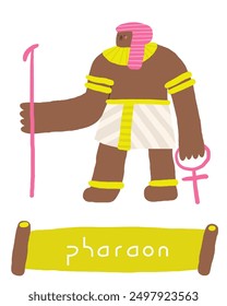 Aprende los objetos del antiguo Egipto con tarjeta. Aprender palabras en inglés para niños. Linda tarjeta educativa de doodle dibujado a mano con la persona del hombre del rey del faraón de Egipto. Material de aprendizaje preescolar sobre el desierto