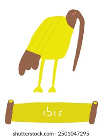 Learn ancient Egypt objects flashcard. Learning English words for kids. Cute hand drawn doodle educational card with ibis bird. Preschool desert learning material