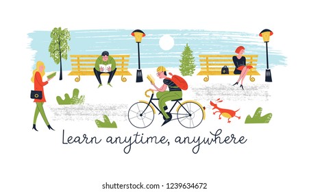 Learn anytime anywhere. A set of vector characters, men and women who read books and textbooks in different places. In the Park, walking the dog, Cycling, public transport people are reading and learn