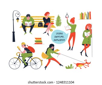 Learn anytime anywhere.  A set of vector characters, men and women who read books and textbooks in different places. In the Park, walking the dog, Cycling, public transport people are reading and lear