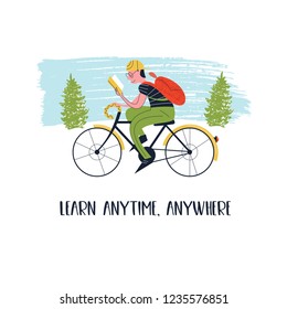 Learn anytime anywhere. Vector illustration. People read books. Always and everywhere. Guy rides a bike and reads a book. 