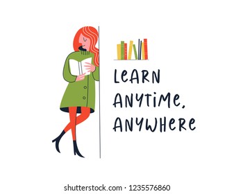 Learn anytime anywhere. Vector illustration. Learn anytime anywhere. Vector illustration. People read books. Always and everywhere. The girl goes to public transport standing and reading a book.