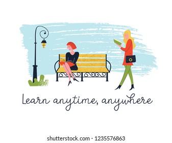 Learn anytime anywhere. Vector illustration. People read books. Always and everywhere. Girl walking and reading a book. Another girl is sitting on a bench reading a book too.