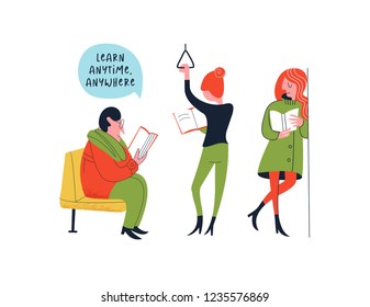 Learn anytime anywhere. Vector illustration. A group of people, a man and a woman read books in public transport.