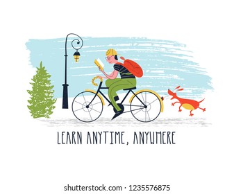 Learn anytime anywhere. Vector illustration. A young man riding a bike and reading a book. Nothing can distract him from learning. Even the dog that runs after the bike and barks.