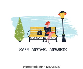 Learn Anytime Anywhere. Vector Illustration. Girl Sitting On A Bench In The Park And Reading A Book.