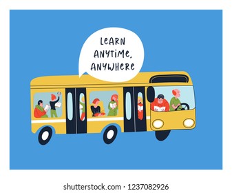 Learn anytime anywhere. Vector illustration. A group of people, men and women, ride in a yellow bus and read books and textbooks. You can always find time for self-development.