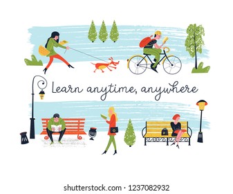 Learn anytime anywhere. Vector illustration. A set of vector characters, men and women who read books and textbooks in different places. In the Park, walking the dog, Cycling, reading and learning.