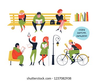 Learn anytime anywhere. Vector illustration. A set of vector characters, men and women who read books and textbooks in different places. In the Park, walking the dog, Cycling, reading and learning.