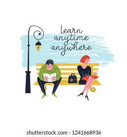 Learn anytime anywhere. Vector illustration. Guy and girl sitting on a bench in the Park and read books.