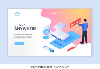 Learn anywhere. Isometric design of website banner with man using online recording app in promotion of Learn anywhere resource. Landing page website banner template