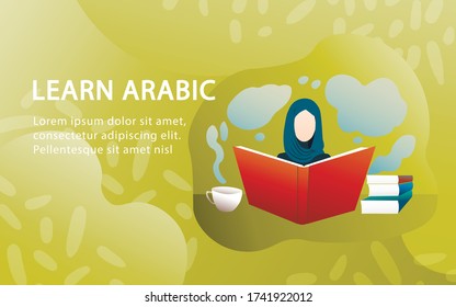Lerne Arabisch. Ein schönes muslimisches Mädchen liest ein Buch, sitzt an einem Tisch zu Hause. Komfort, heißer Tee, ein Stapel Bücher liegt auf dem Tisch. 
Bildungskonzept. Gewinnen Sie Wissen. Vektor-Flachbild