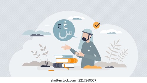 Learn arabic language for foreign communication knowledge tiny person concept. Grammar and speaking education course with arabian script, literature, culture or linguistic study vector illustration.