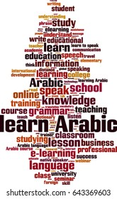 Learn Arabic word cloud concept. Vector illustration