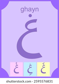 learn the basic Arabic alphabet or hijaiyah ghayn letters in the form of flashcards and punctuation for education