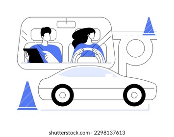 Learn basic maneuvering abstract concept vector illustration. Woman learning to drive with instructor, personal transport, car driving school, elementary vehicle maneuvering abstract metaphor.