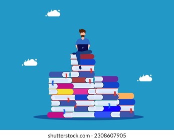Learn to be successful in life. person researching on stack of books