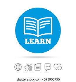 Learn Book sign icon. Education symbol. Copy files, chat speech bubble and chart web icons. Vector