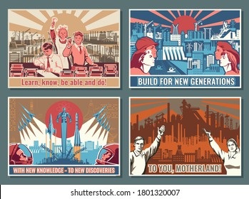 Learn, Build, Work, Conquer Retro Propaganda Poster Set, Old Placards Stylization, Workers, Students, Astronauts, Urban and Industrial Backgrounds