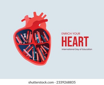 Learn by heart, International day of education, Educational success concept vector illustration for corporate, school, and library. Creative poster, banner, backdrop.