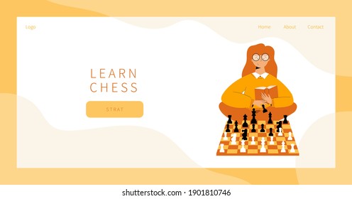 Learn chess landing page. Cute girl with book and pawn in hands learn how to plays chess. Girl sitting cross legs with chess figures on the background. Girl reading chess exercise book and practicing.