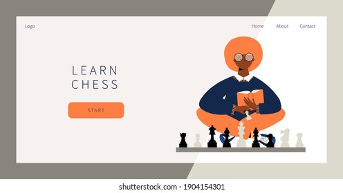 Learn chess landing page. Cute black girl with book and pawn in hands learn how to plays chess. Girl sitting cross legs with chess board. Girl reading chess exercise book and practicing.