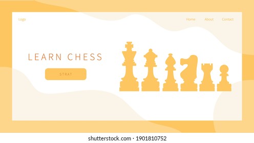 Learn chess landing page. Pawn, king, queen, knight, horse, rook chess pieces. Chessman in flat style.