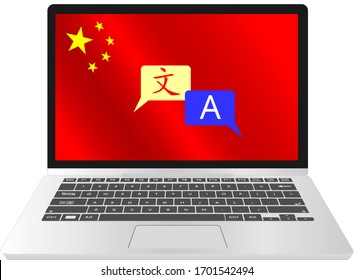 Learn Chinese language online Education on laptop, online e-learning computer software laptop desk through internet at home, China Flag, Chinese character and A english character translation.
