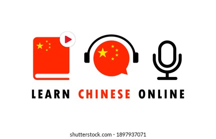 Learn Chinese online banner. Video course, distance education, web seminar. Vector EPS 10. Isolated on white background