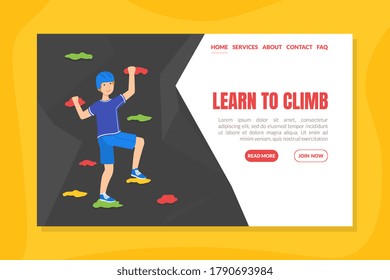 Learn to Climb Landing Page Template, Guy Climbing in Adventure Park, Physical Activity and Sports Vector Illustration
