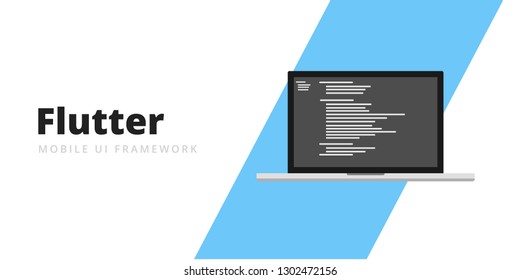 Learn to code Flutter Mobile UI Framework with script code on laptop screen, programming language code illustration - Vector