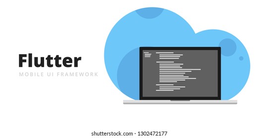 Learn to code Flutter Mobile UI Framework with script code on laptop screen, programming language code illustration - Vector