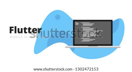 Learn to code Flutter Mobile UI Framework with script code on laptop screen, programming language code illustration - Vector