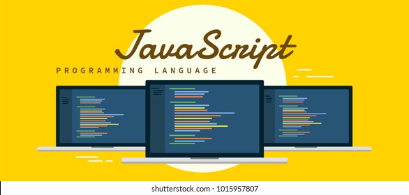 Learn to code Javascript Programming language, laptop with syntax code in screen with yellow background flat vector illustration