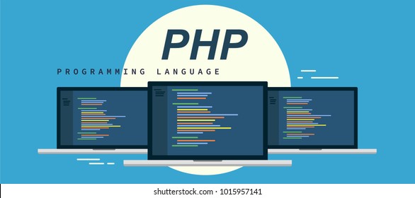 Learn to code PHP Programming Language. laptop with syntax code in screen. Vector Illustration