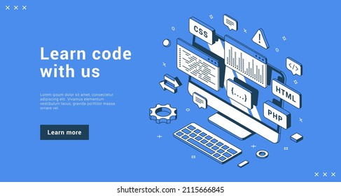 Learn code with us programming school internet advertising banner landing page isometric vector illustration. Coding software development educational courses computer class with database information