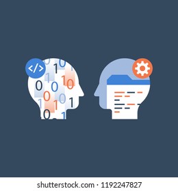 Learn coding, programming language, technology and innovation, falling numbers, software development, vector icon, flat illustration