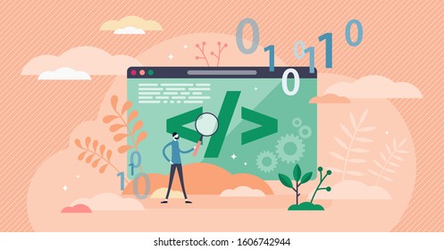 Learn coding vector illustration. IT education process in flat tiny persons concept. Technological development with binary code programming and computer language understanding to write new software.