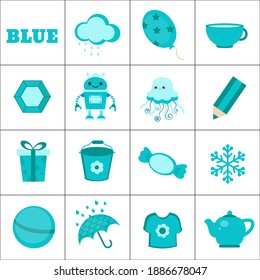 Learn the color. Blue objects. Education set. Illustration of primary colors.