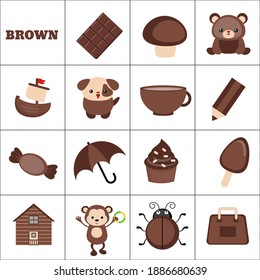 Learn the color. Brown objects. Education set. Illustration of primary colors.