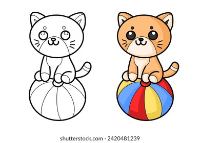 learn to color the cat on the circus ball, coloring book, coloring pages for children.
