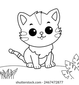 aprende a colorear un gato con algunas plantas para niños