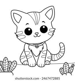 aprende a colorear un gato con algunas plantas para niños