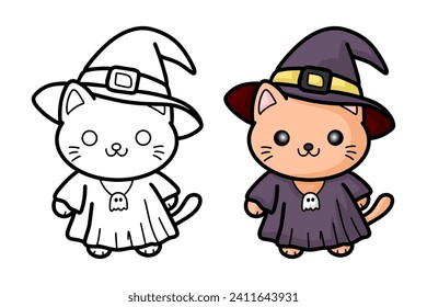learn to color a cat wearing a witch costume, coloring book, coloring pages for children.