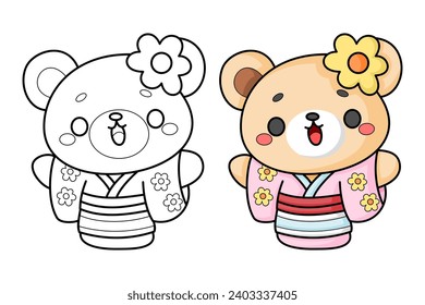 aprende a colorear osos adorables con ropa de kimomo, libros de colores, páginas de colorear para los niños.